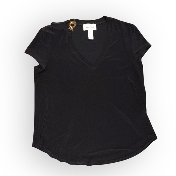 JOSEPH RIBKOFF Jersey Knit T-shirt w/ Gold Metal Accent - 12 Black - Picture 6 of 13